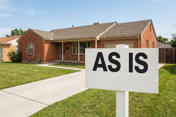 House exterior with AS IS yard sign